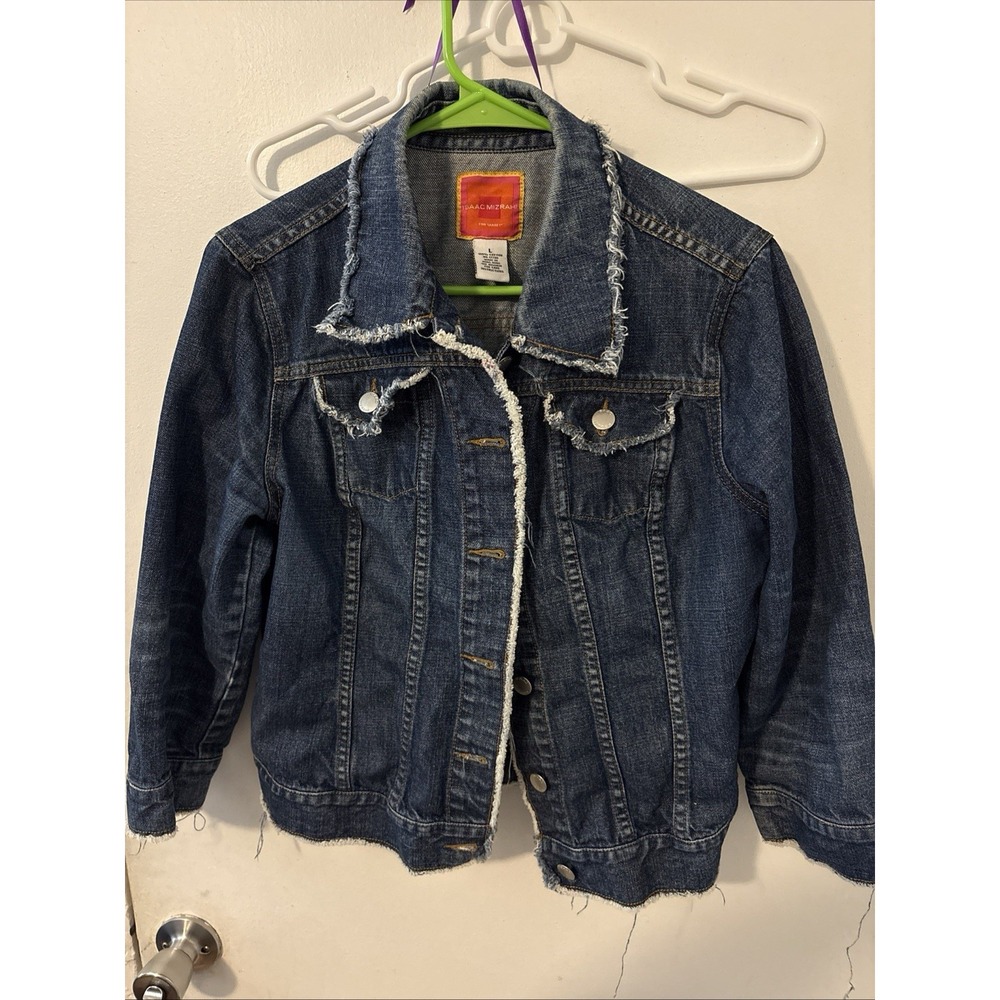 Vintage Isaac Mizrahi Jacket Womens L Denim Trucker Dark Blue Moto Biker Coat
